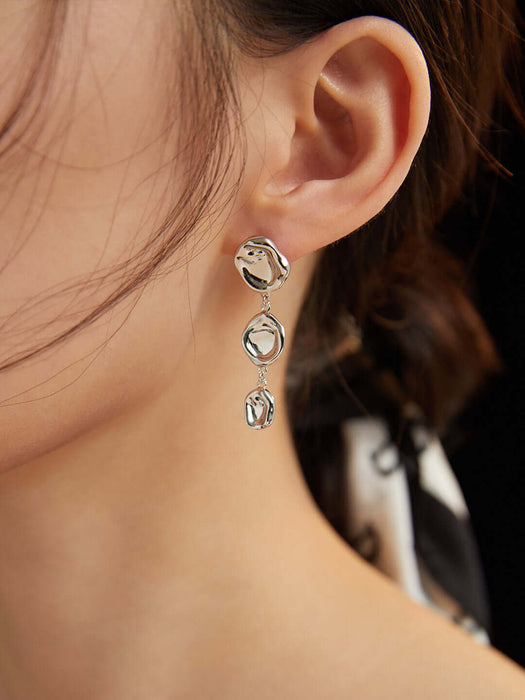 Tripple Molten Round Silver Drop Earrings