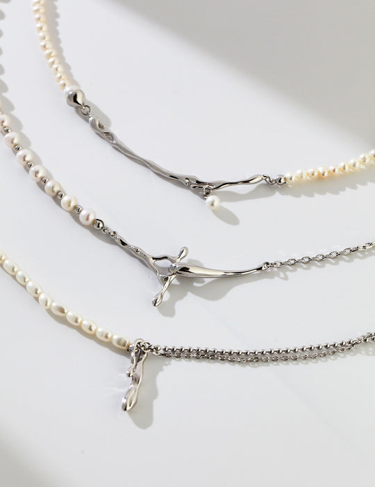 Silver chain spliced natural pearl necklace