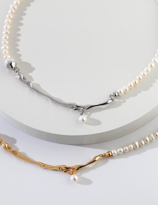 Silver chain spliced natural pearl necklace