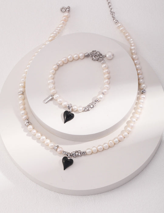 Silver Serenade: Pearl Heart of Love Necklace Bracelate Set