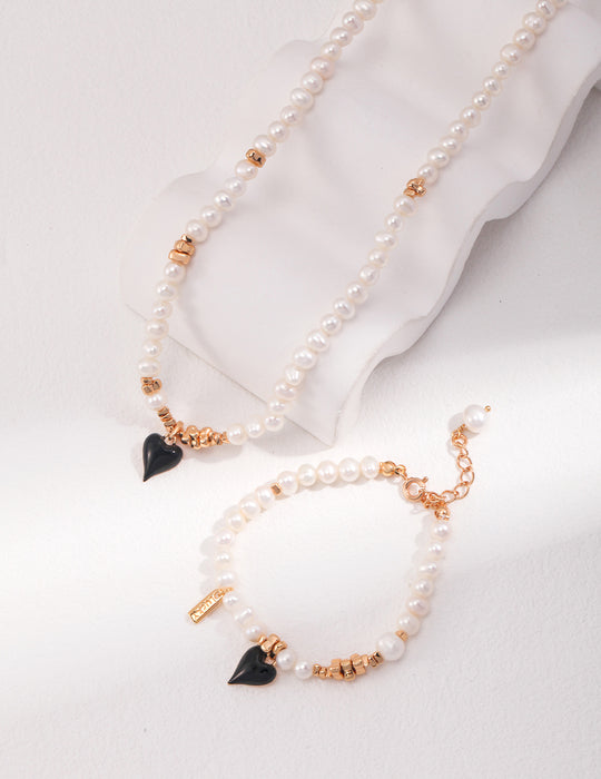 Silver Serenade: Pearl Heart of Love Necklace Bracelate Set