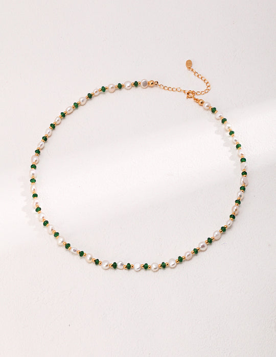 18k Gold-Plated Chian Vintage Emerald Pearl Necklace