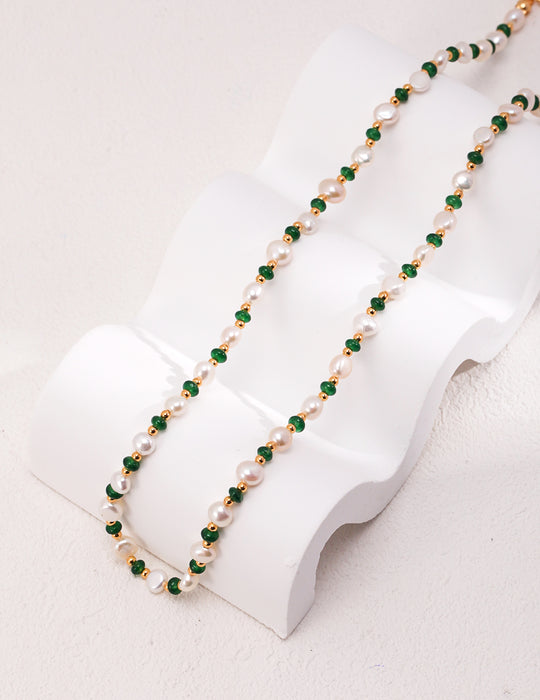 18k Gold-Plated Chian Vintage Emerald Pearl Bracelet