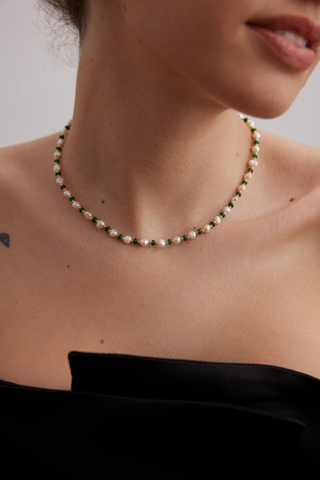 18k Gold-Plated Chian Vintage Emerald Pearl Necklace