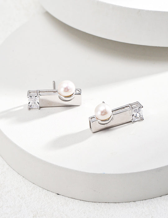 Studded with Pearl and Zrcon Mini Bar Earrings