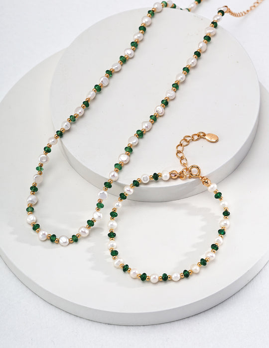 18k Gold-Plated Chian Vintage Emerald Pearl Bracelet