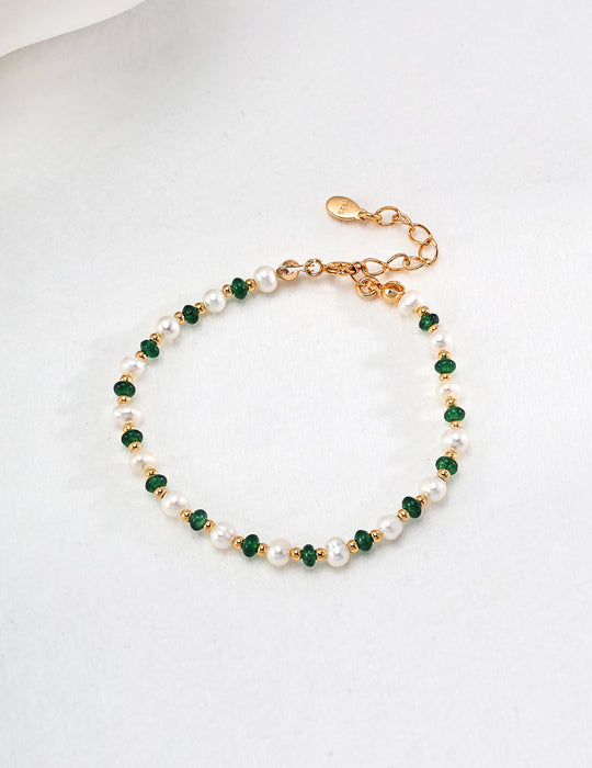 18k Gold-Plated Chian Vintage Emerald Pearl Bracelet