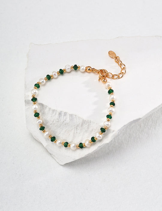 18k Gold-Plated Chian Vintage Emerald Pearl Bracelet